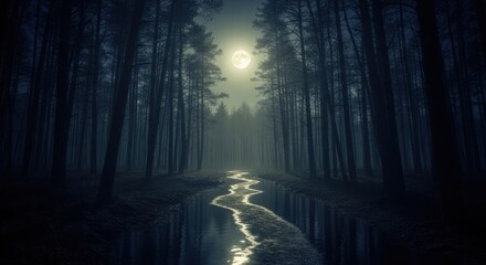 Fototapeta premium Mysterious forest with moonlit stream and tall trees