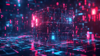 Neon Digital Cube in a Cybernetic Space