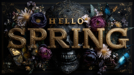 Hello spring. Hand drawn vintage lettering with floral decoration elements. This illustration can be used as a print on t-shirts and bags, stationary or as a poster.