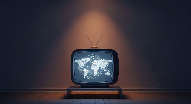Vintage TV displays a networkconnected world map placed in a dimly lit room with wooden floors - Powered by Adobe