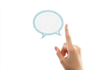 A hand pointing at an empty speech bubble, ready for your thoughts or messages. The bubble has a sketch-like quality