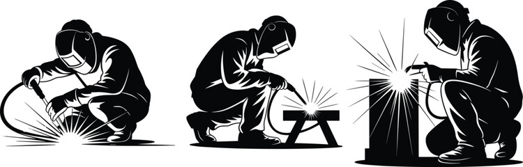 Welding workers in action, black and white illustration, metalwork safety gear, industrial sparks, welding techniques, protective helmets, skilled labor, fabrication process