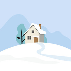 Illustration of a house in the snow winter cold