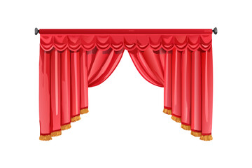 Red curtains. Set realistic luxury curtain cornice decor domestic fabric interior drapery textile lambrequin, vector illustration
