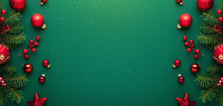 Merry Christmas and Happy Holidays greeting card, frame, banner. New Year. Noel. Red Christmas tree and decoration on green background top view. Winter xmas holiday festive theme. Flat lay