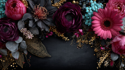 Set of floral elements for a wedding, birthday or Valentine's day on blackboard. EPS 10. No gradients. Transparency.