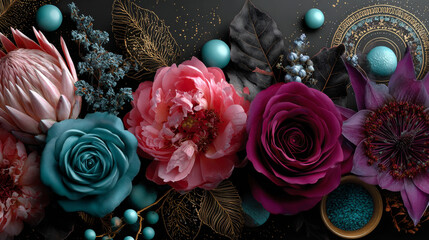 Set of floral elements for a wedding, birthday or Valentine's day on blackboard. EPS 10. No gradients. Transparency.