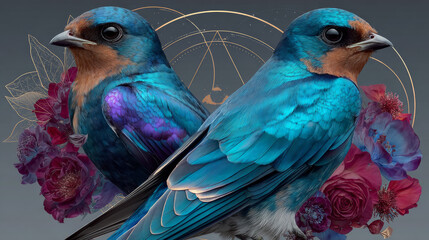 Watercolor frame with two sweet birds. This illustration can be used as a wedding, greeting or birthday card or poster. 