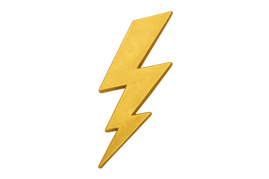 Gold lightning bolt symbol representing power, energy, electricity, and speed on transparent background