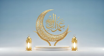 Ramadan kareem crescent moon with arabic calligraphy isolated on white background