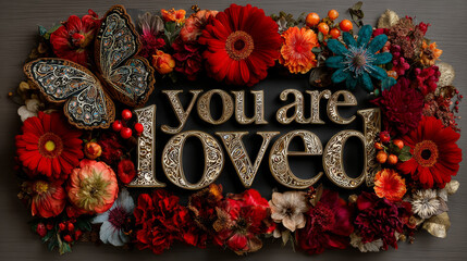 You are loved. Hand lettering in wreath with decoration elements. This illustration can be used as a greeting card for Valentine's day or wedding or as a print or poster.