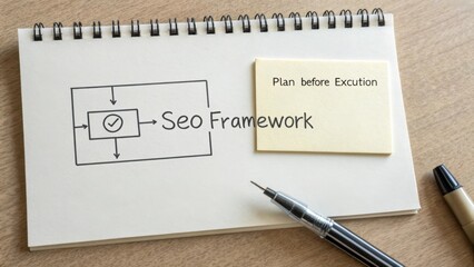 SEO Framework Planning Sketch with Reminder Note on Notebook
