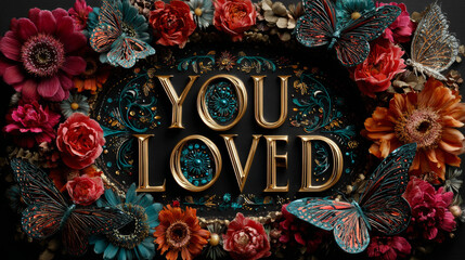 You are loved. Hand lettering in wreath with decoration elements. This illustration can be used as a greeting card for Valentine's day or wedding or as a print or poster.