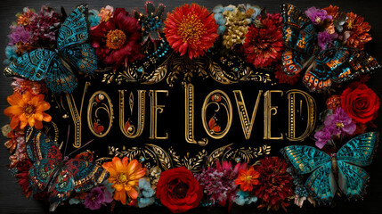 You are loved. Hand lettering in wreath with decoration elements. This illustration can be used as a greeting card for Valentine's day or wedding or as a print or poster.