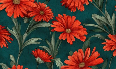 Vivid orange flowers with green stems and leaves against a dark teal background