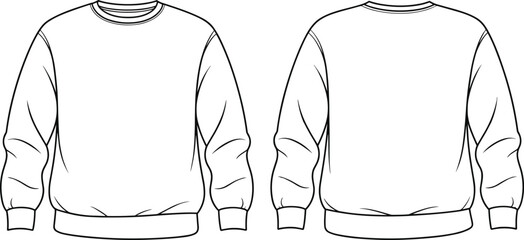 Women's crewneck sweatshirt technical sketch, ribbed neckline, cuffs and waistband, long sleeve, plain front and back view, cad drawing flat vector illustration