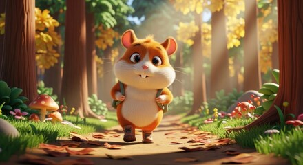 Adorable hamster on a forest adventure cartoon character walking on forest path