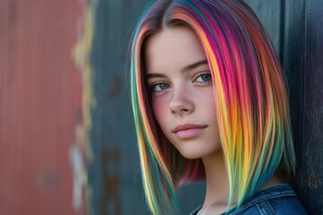 Obraz premium Portrait of a young female model with colorful, dyed hair. She is showing a unique and expressive hairstyle