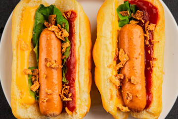 Hotdog fried onions, sausage, bun, sauce fast food tasty snack fresh delicious gourmet food background on the table rustic top view copy space