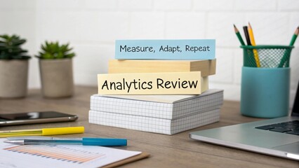 Workspace Desk with Analytics Review Notes and Stationery Items