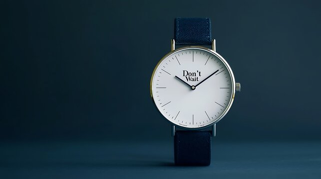 A sleek watch with a minimalistic design, featuring a white face and denim strap, conveys the message "Don't Wait.