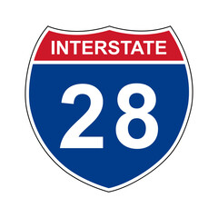 Interstate 28. Interstate highway sign. Road number. Signpost indicating route numbers in the U.S. Interstate Highway System. Even numbers run west to east. Odd numbers run north to south.