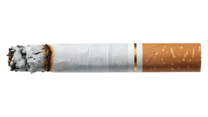 Burning cigarette with ash and glowing ember, symbolizing addiction, habit, and the passage of time, perfect for health campaigns.