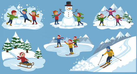 People skiing, snowboarding, and skating on snowy hills — active winter vector design for posters and websites.