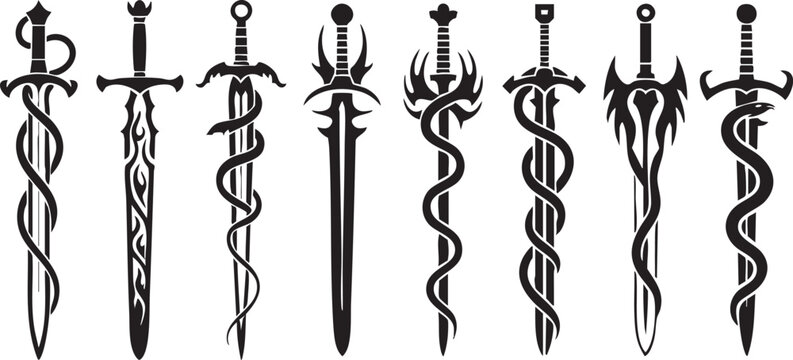 Fantasy sword tattoo set, vector linocut magic blade, dragon wings, fairy tale silhouette collection. Mystic legend snake print, spiritual medieval logotype, witchcraft sign. Sword tattoo black design