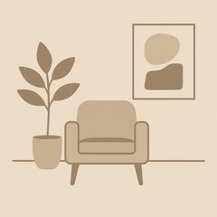 Minimal Interior Illustration with Armchair Potted Plant and Wall Art
