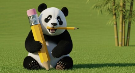 Cartoon Panda Bear Illustration with Pencils in a Green Meadow Artwork depiction