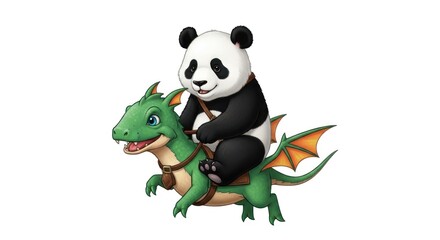 Charming Illustration of a Panda Riding a Friendly Green Dragon on a White Background