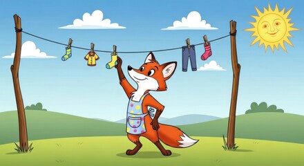 Cheerful Fox Hanging Laundry Cartoon Illustration on a Sunny Day in the Countryside