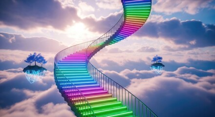 Colorful Stairway Ascending Through a Dreamlike Cloudscape with Floating Islands