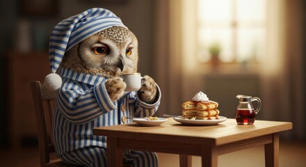 Cozy morning with an owl wearing pajamas enjoying coffee and pancakes at the table