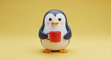 Cute 3D Rendered Penguin Holding Red Mug with Steam on Yellow Background Illustration