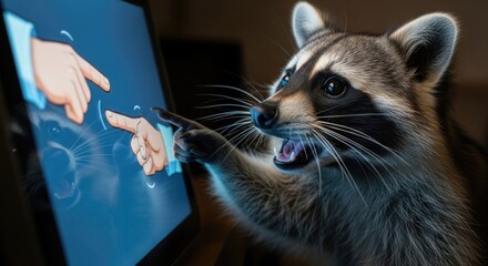 Curious raccoon exploring interactive technology with a digital display experience
