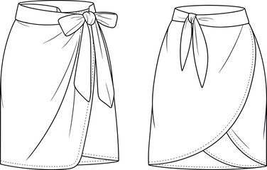 Women's wrap skirt technical sketch, bow-tied waist and petal hem variation, layered silhouette, waistband detail, cad drawing flat vector illustration