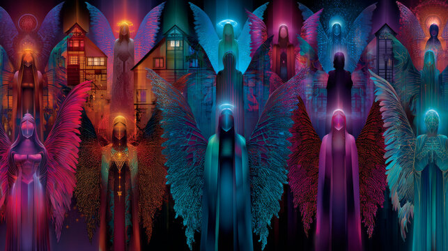 Seamless pattern with Christmas angels and homes. EPS 10. No transparency. No gradients.