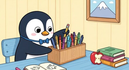 Cute cartoon penguin student studying at a desk with an apple and books near a picture