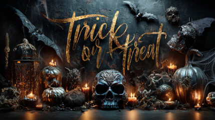 Trick or treat. Quote. Halloween poster with hand lettering and decoration elements on grunge background.