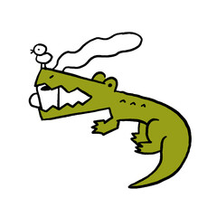 Funny Crocodile Drinking Coffee With Bird On Its Head