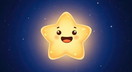 Cute star illustration with happy expression against a dark starry night sky background