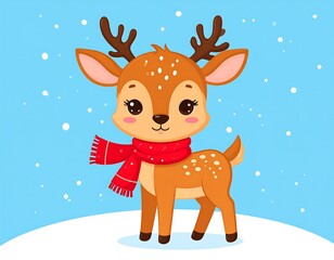 Cartoon fawn wearing a red scarf in a snowy winter scene