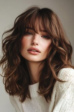 Young woman posing, showcasing a modern haircut with soft waves and stylish curtain bangs for a natural beauty look