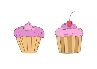 Set, cream cake, cherry muffin. Cheesecake. Sweets Day. Food, baked goods, pink cream, dessert. Holiday decor.