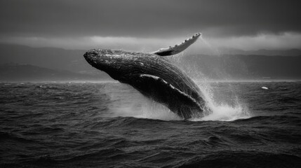 Fototapeta premium Majestic humpback whale bursts out of ocean in stunning breach, creating powerful splash. Blue sea water background. Energy of marine life, natural habitat. Wildlife, adventure, oceanic wonder.