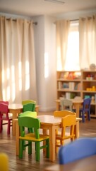 Generative AI colorful kindergarten classroom with small tables and chairs.