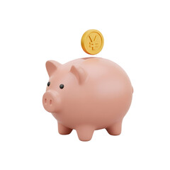 3d icon of pink piggy bank with a japanese yen coin being inserted, isolated on transparent background