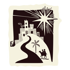 Faith based holy night in town of Bethlehem christian christmas card design. Black and white hand drawn vector motif with Mary, Joseph on a donkey, manger skyline. Isolated flat sentiment banner.